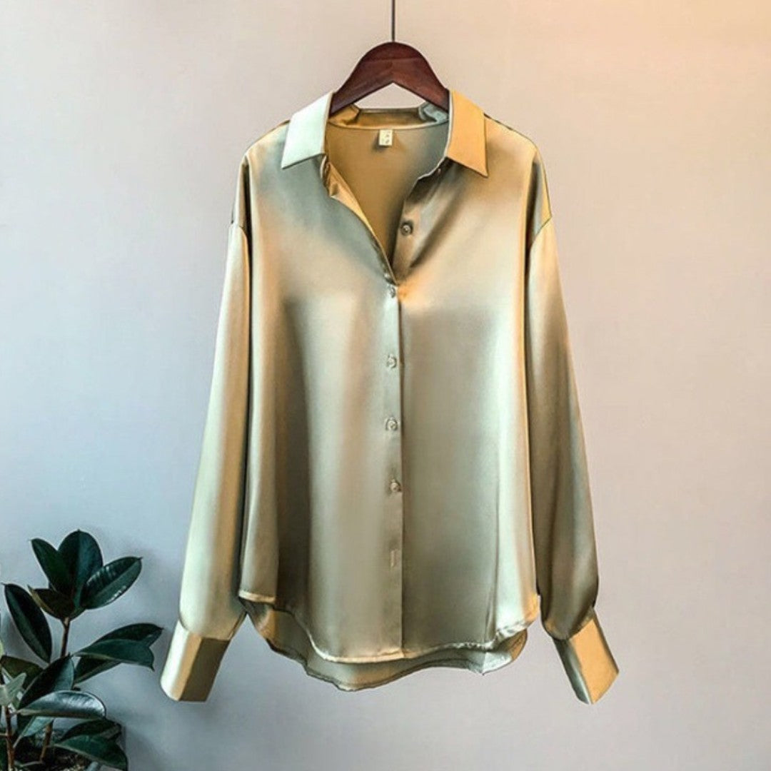 Woman wearing the Zinnia women's satin shirt, side view