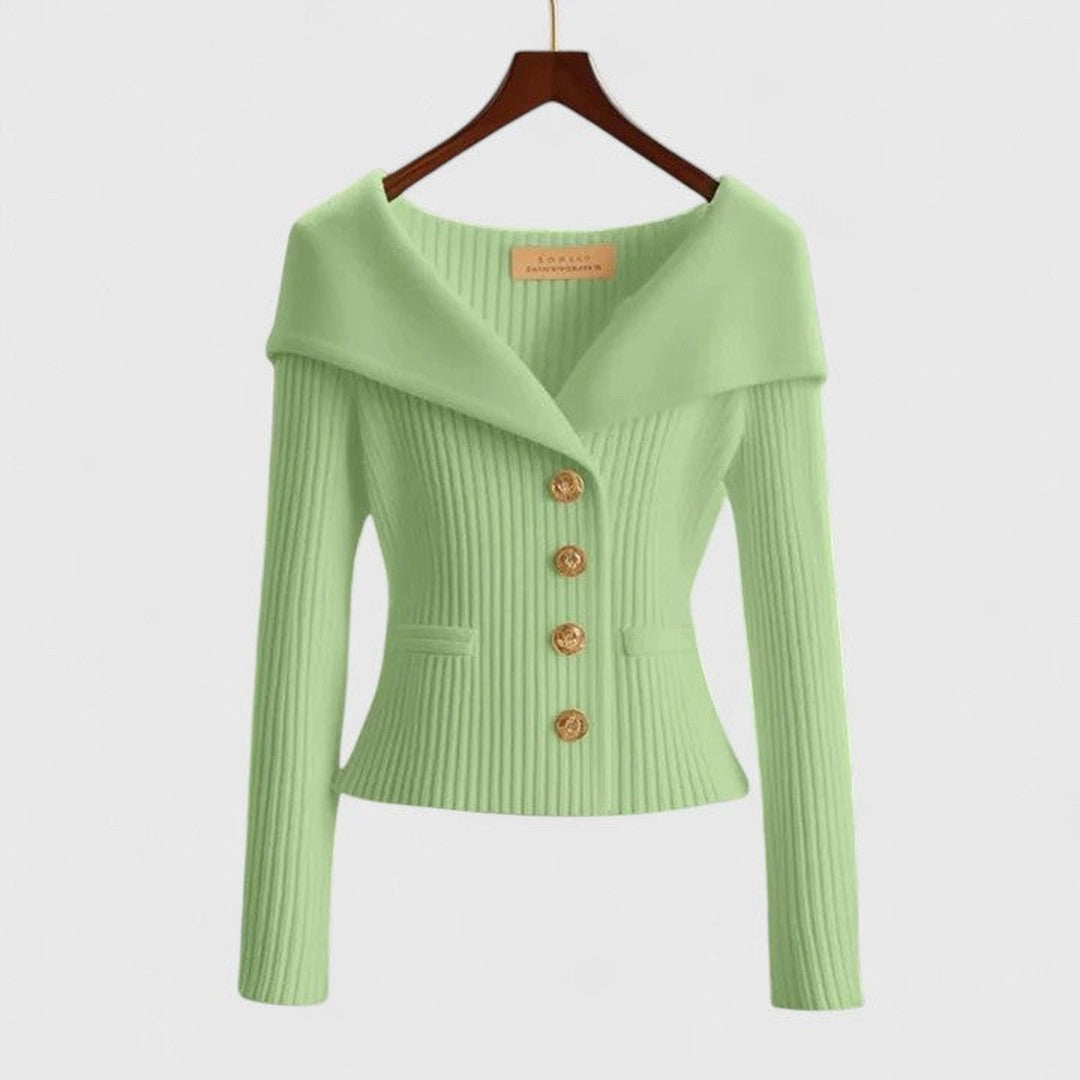 Woman wearing the Zoey women's elegant cardigan, detail view