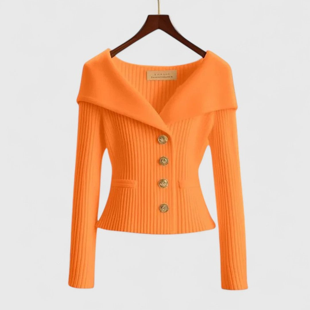 Woman wearing the Zoey women's elegant cardigan, side view