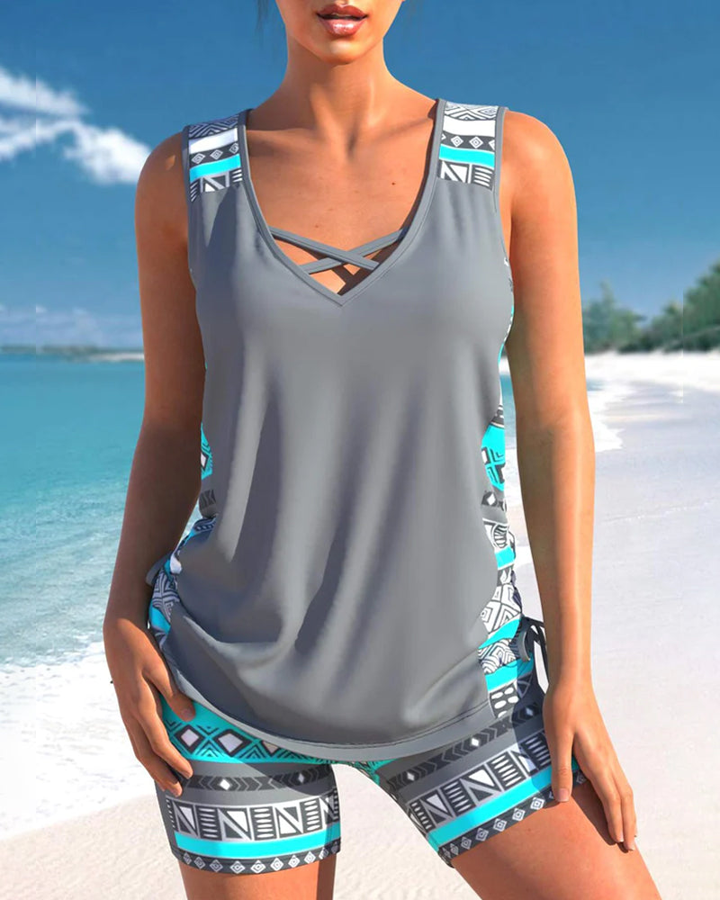 Zara | Women's Geometric Print V-Neck Tankini Top