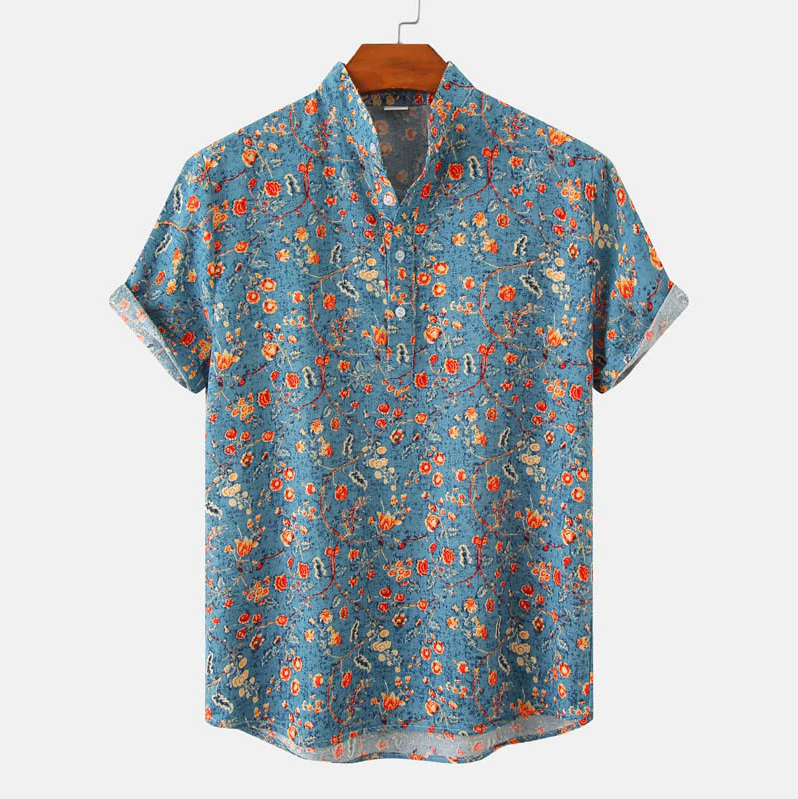 Bruno | Men's Patterned Stand Collar Short Sleeve Shirt
