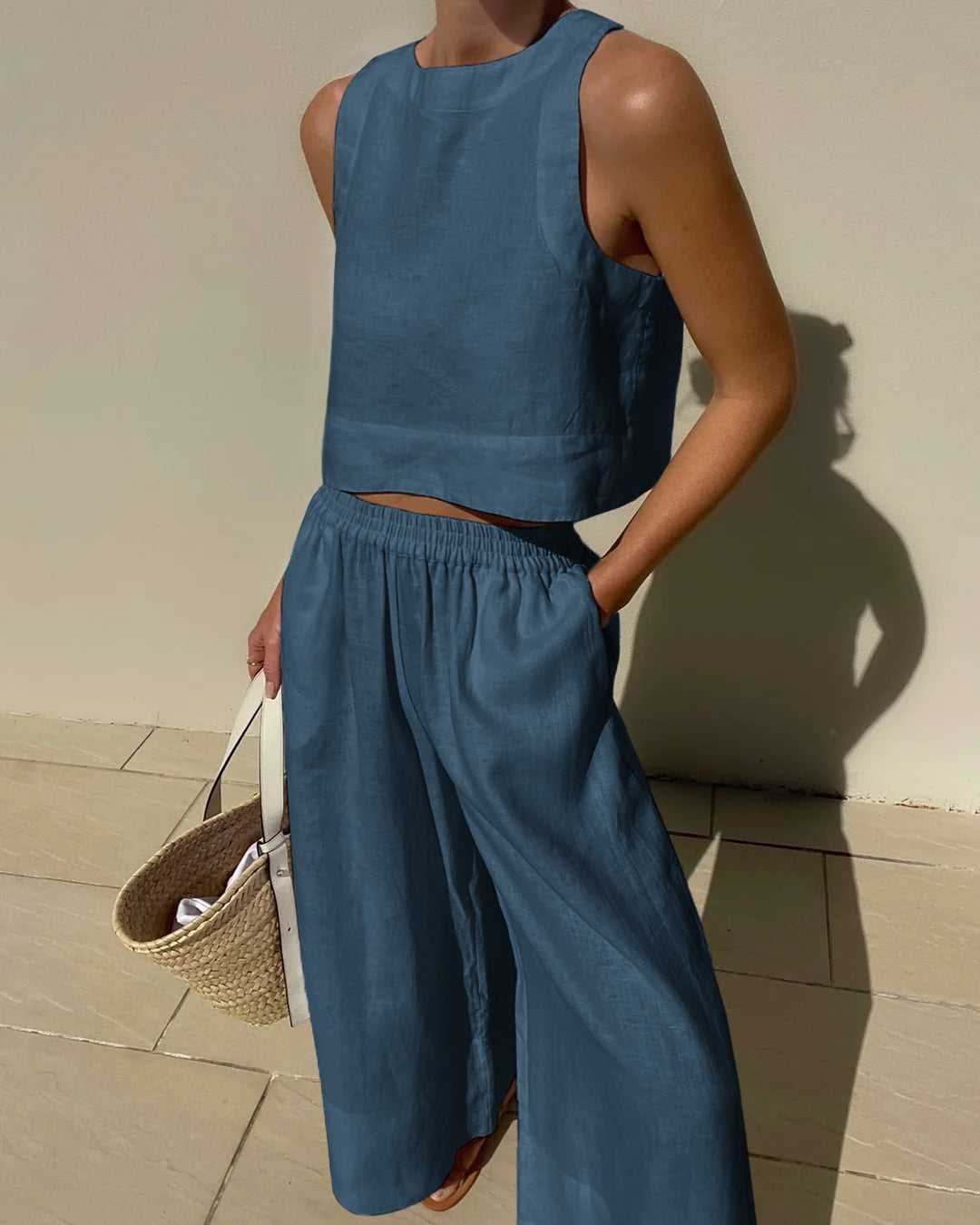 Nora | Women's Linen Crop Top And Wide Leg Pants Set