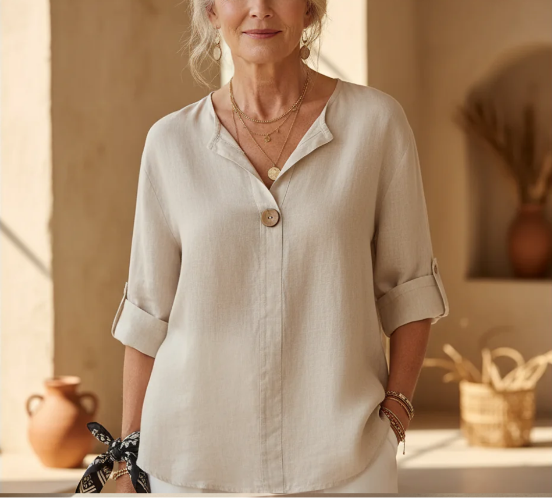 Sofia | Women's V-Neck Three Quarter Sleeve Button Shirt