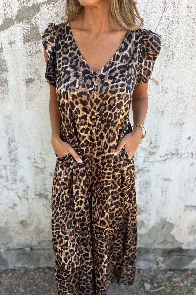 Chloe | Women's Leopard Print Ruffle Sleeve Wide-Leg Jumpsuit