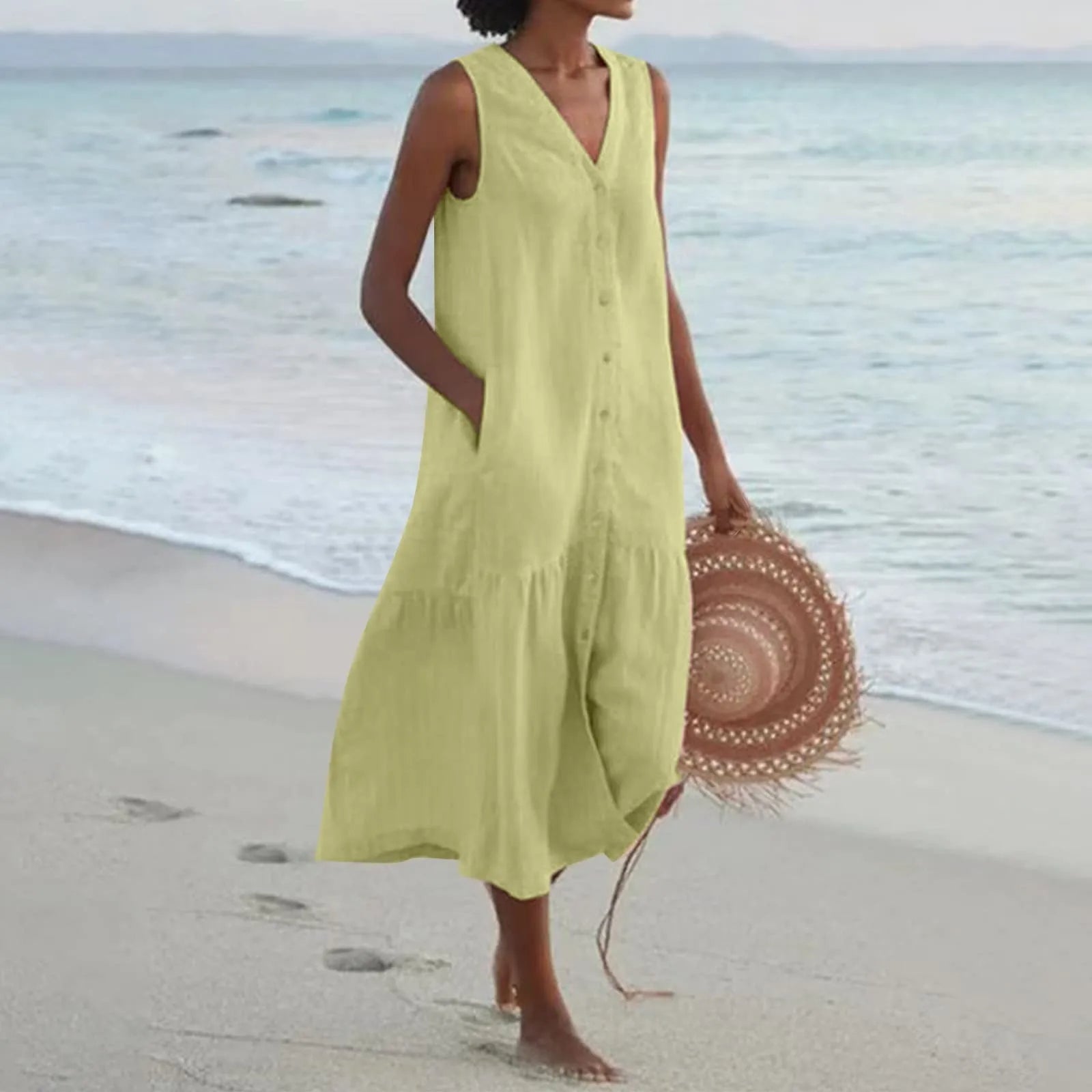 Elena | Women's V-Neck Button Front Sleeveless Dress