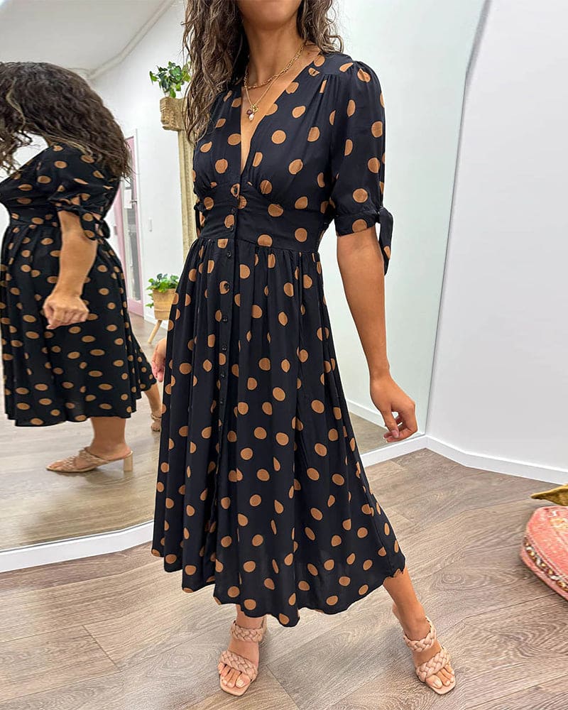 Freya | Women's Polka Dot V-Neck Button-Front Midi Dress