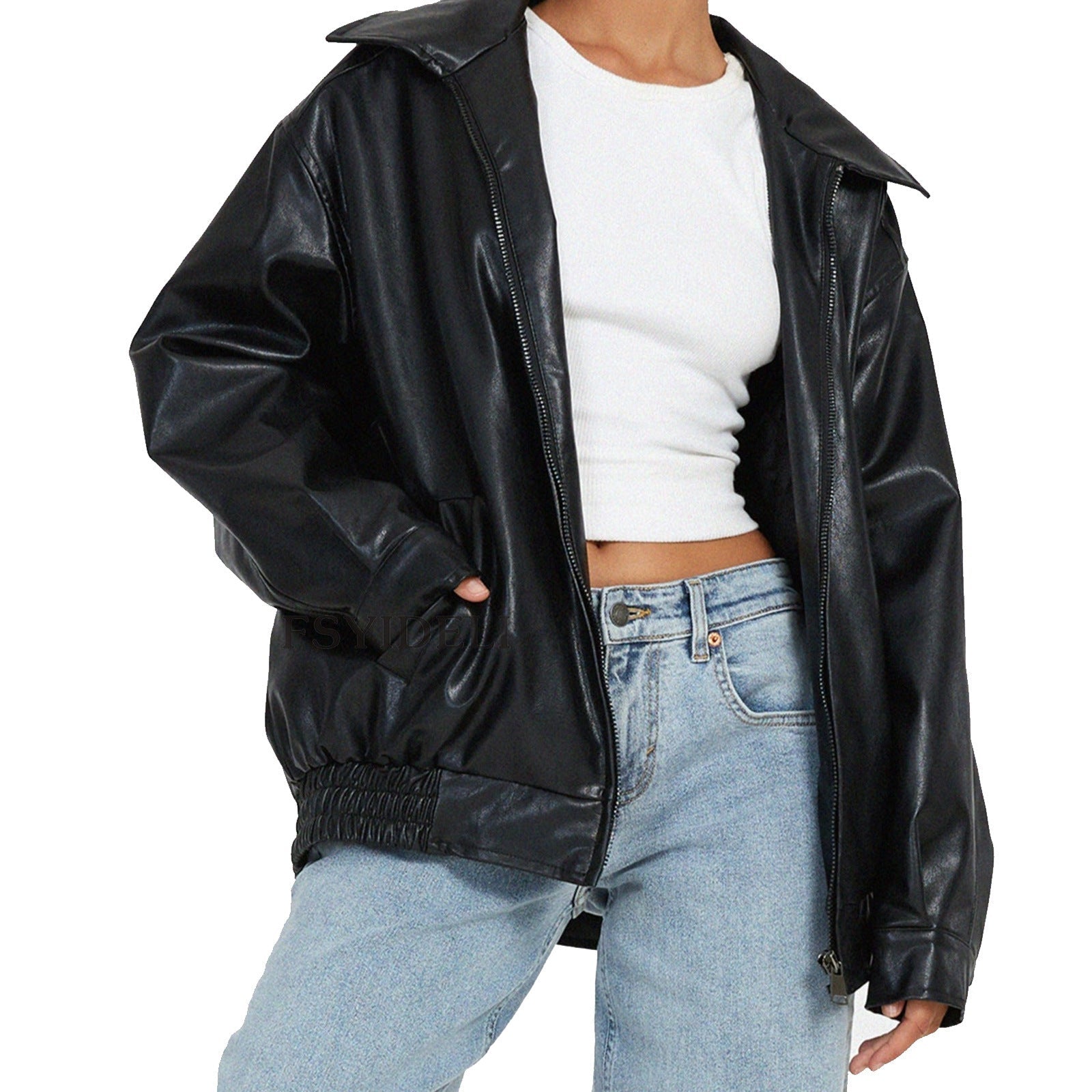 Aria | Women's Oversized Leather Zip-Front Bomber Jacket