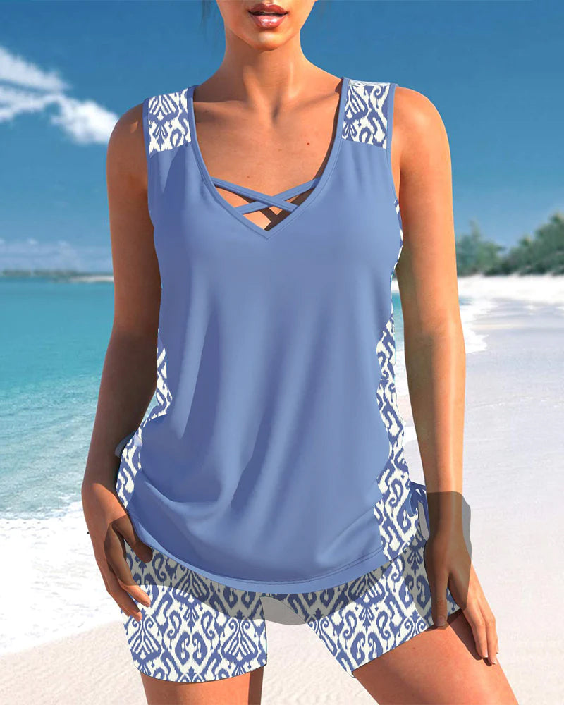 Zara | Women's Geometric Print V-Neck Tankini Top
