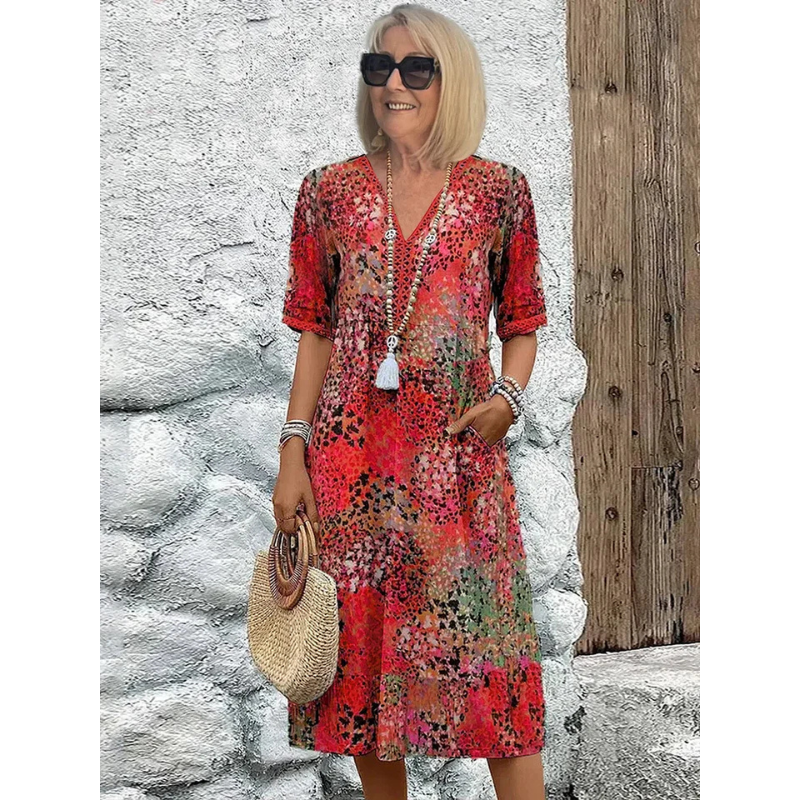 Avery | Women's Relaxed Fit Printed 3/4 Sleeve Midi Dress