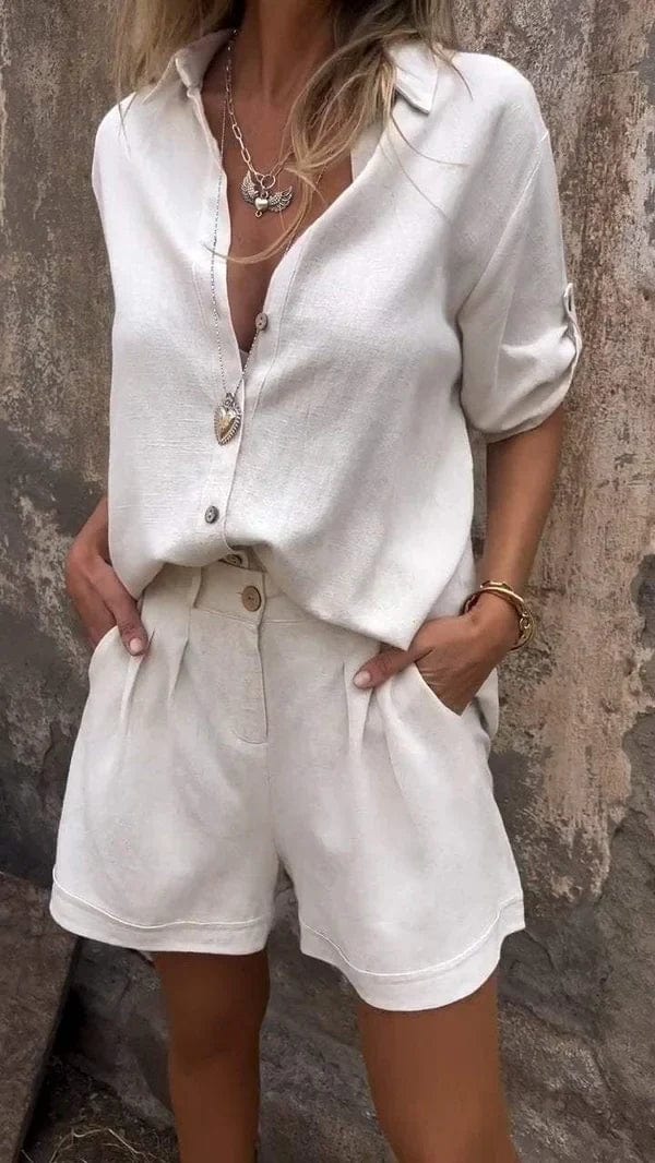 Clara | Women's Linen Button Front Shirt & Shorts Set