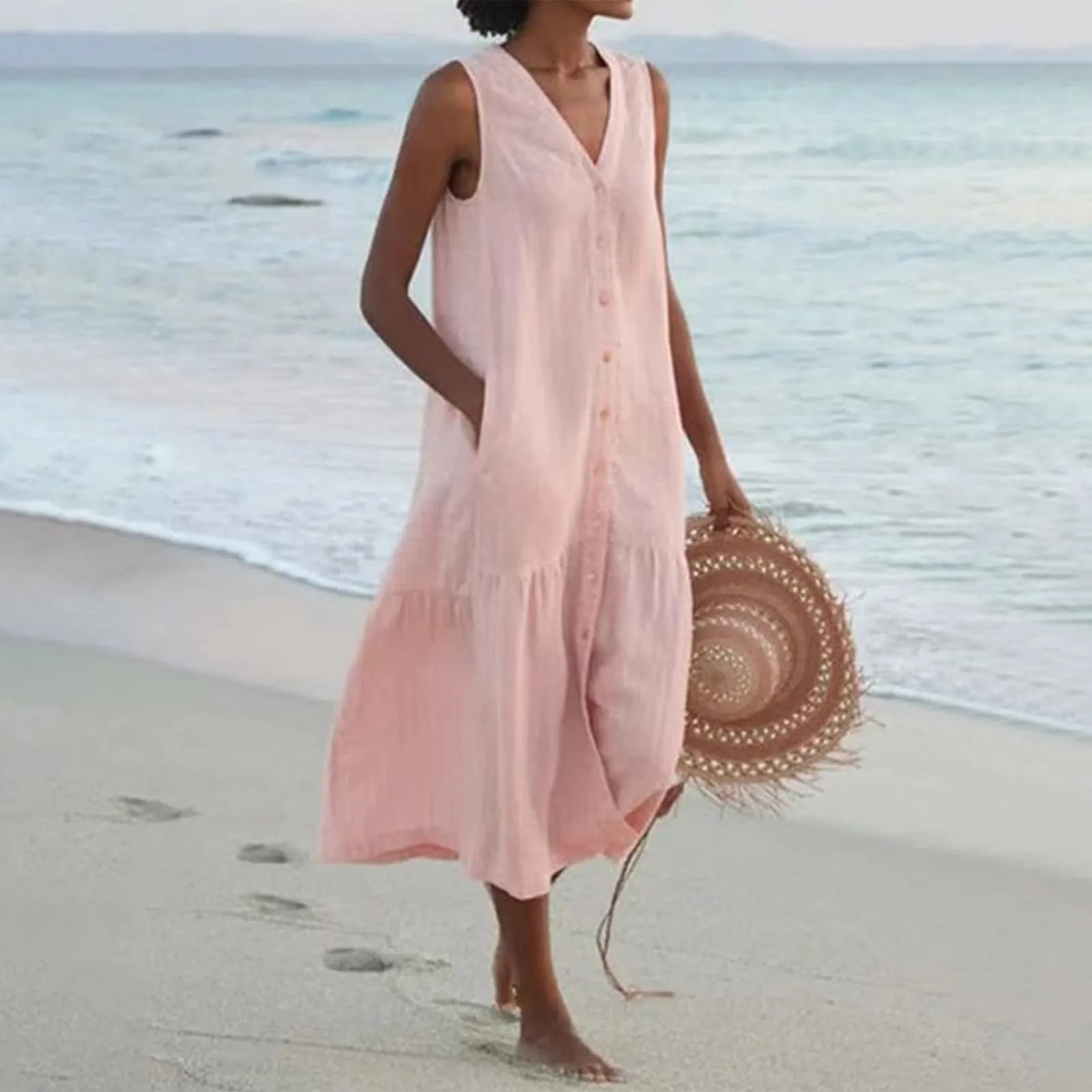Elena | Women's V-Neck Button Front Sleeveless Dress