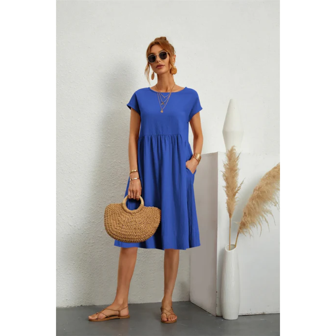 Mira | Women's Crew Neck Midi Dress With Pockets