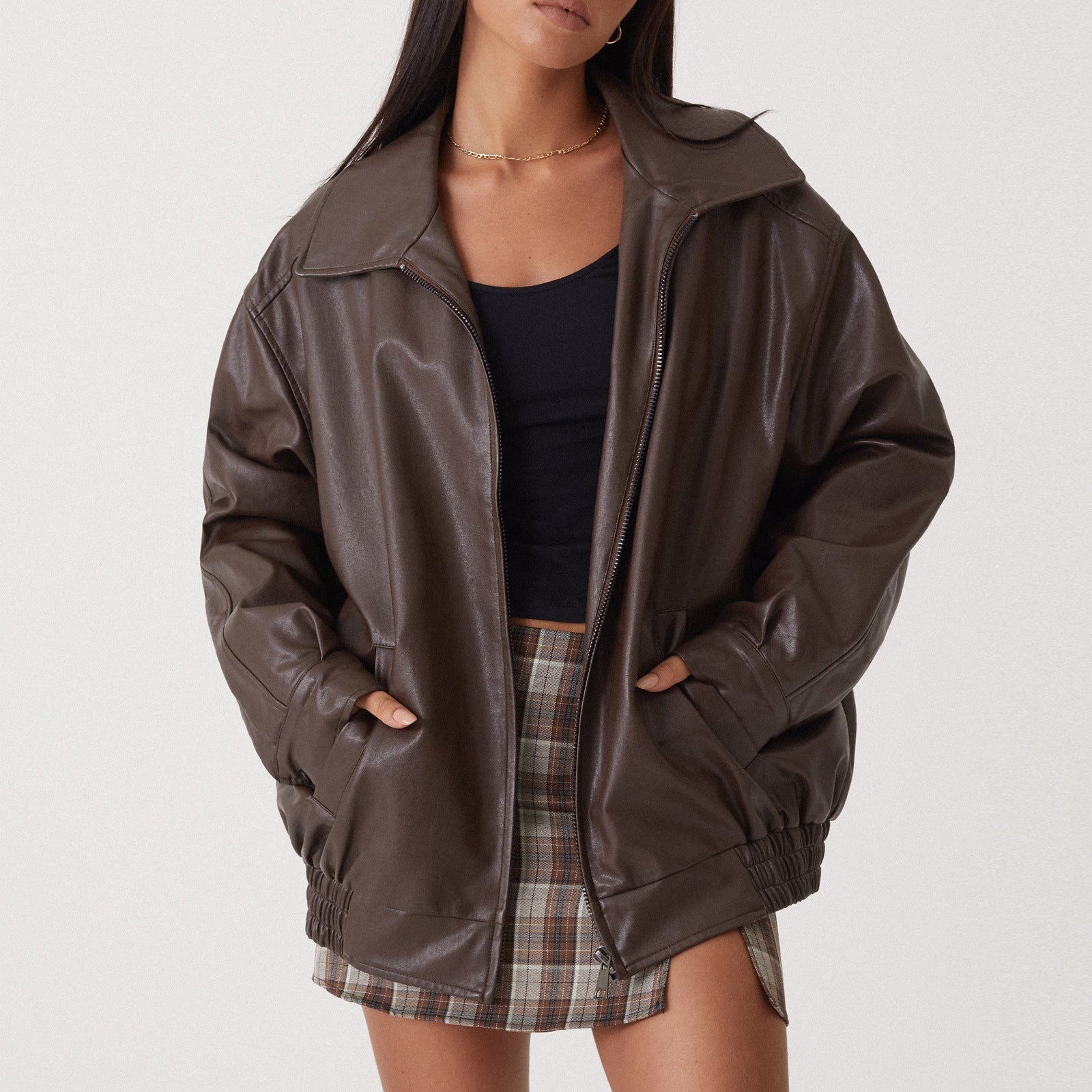 Aria | Women's Oversized Leather Zip-Front Bomber Jacket