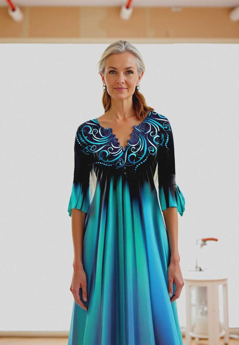 Ariana | Women's Ombre Pattern A-Line Midi Dress With Pockets
