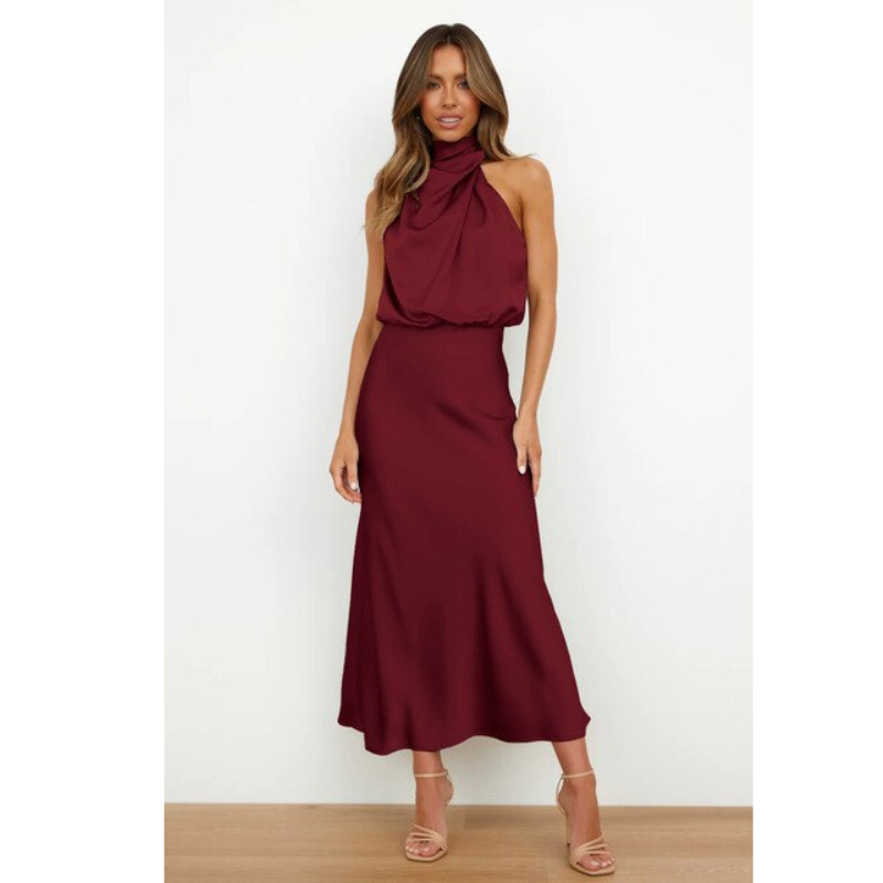 Sophie | Women's Halter Neck Flowing Satin Midi Dress