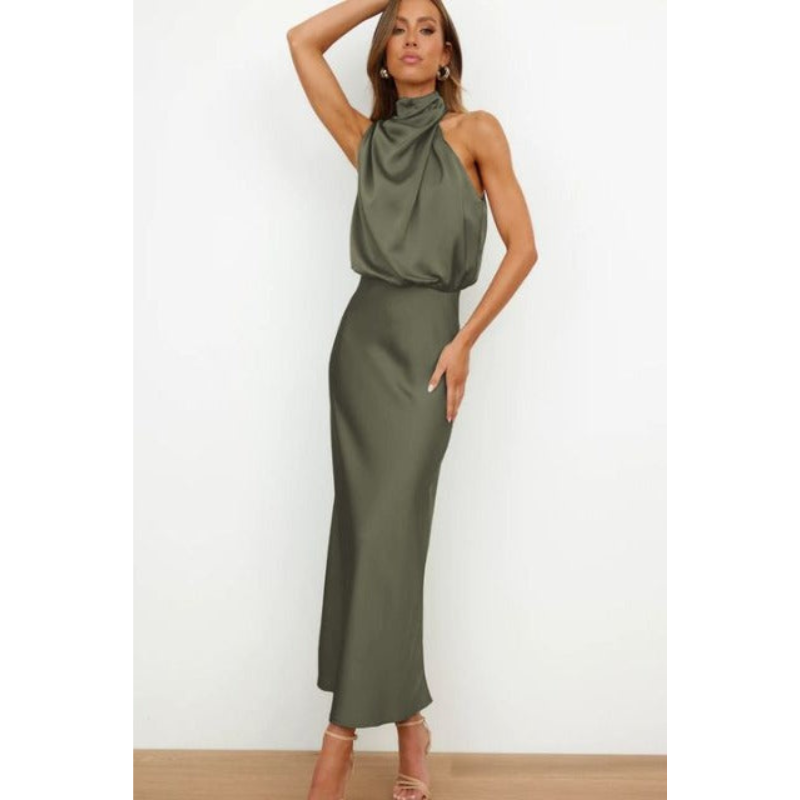 Sophie | Women's Halter Neck Flowing Satin Midi Dress