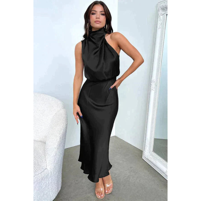 Valeria | Women's Satin Halter Neck Draped Midi Dress