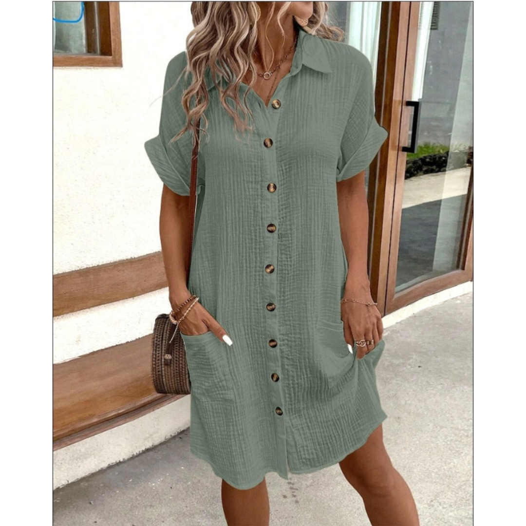 Lena | Women's V-Neck Button Front Short Dress
