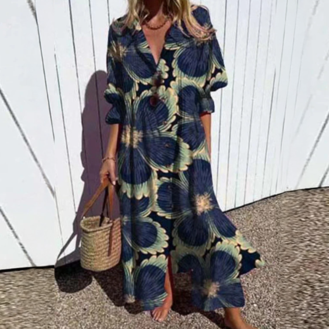 Mira | Women's Leaf Print Button Front Maxi Dress