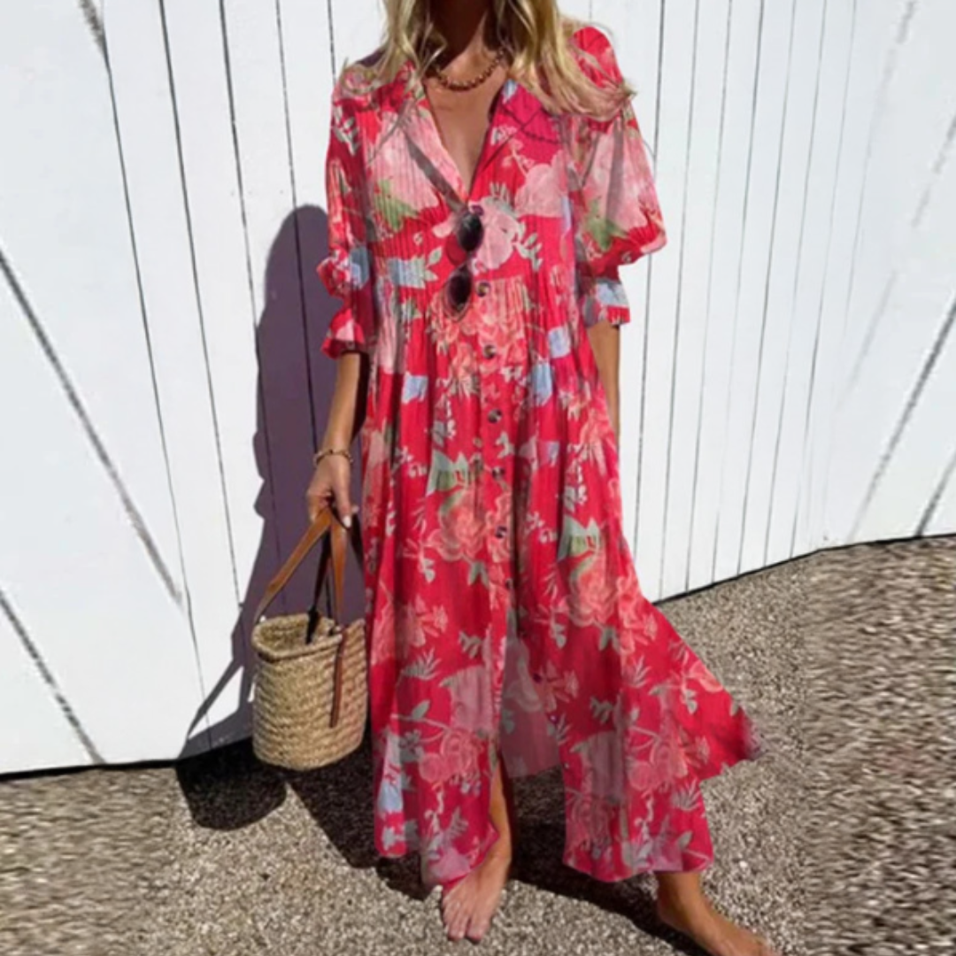 Mira | Women's Leaf Print Button Front Maxi Dress
