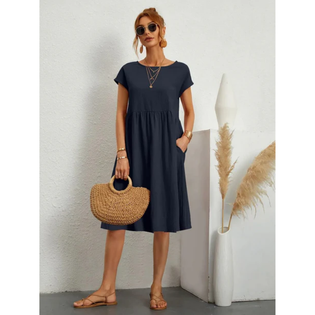 Mira | Women's Crew Neck Midi Dress With Pockets