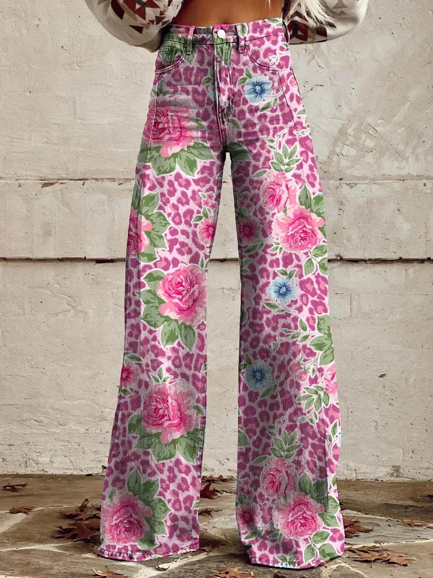 Lina | Women's Floral Pattern Wide-Leg Denim Jeans