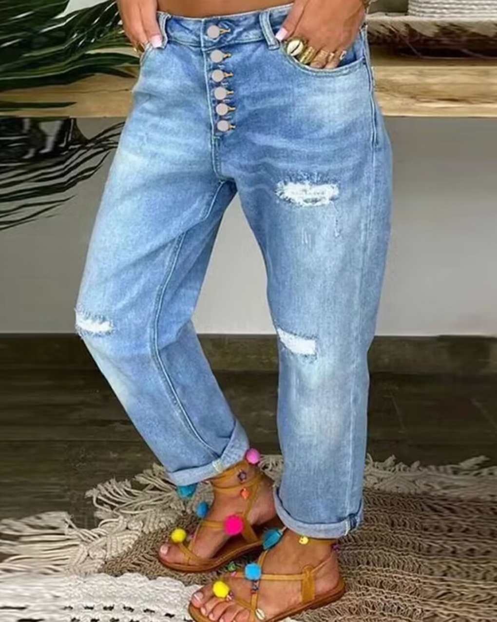 Rhea | Women's Button-Fly Distressed Denim Jeans