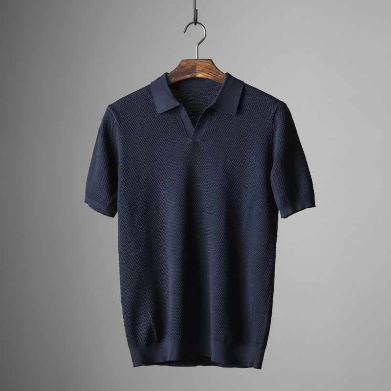 Julian | Men's Textured Knit V-Neck Johnny Collar Polo