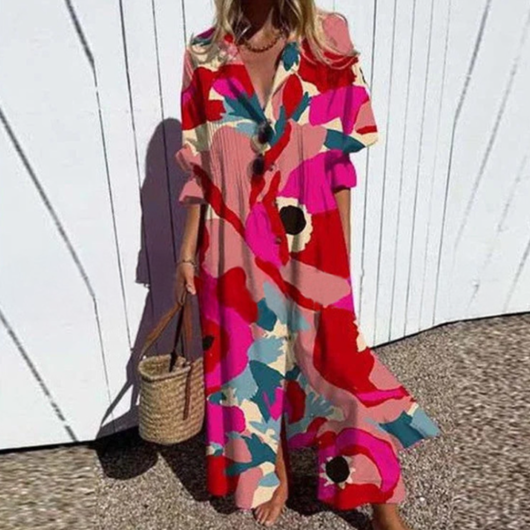 Mira | Women's Leaf Print Button Front Maxi Dress