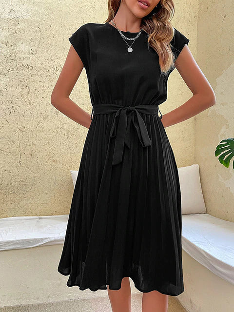 Mila | Women's Pleated A-Line Midi Dress With Waist Tie