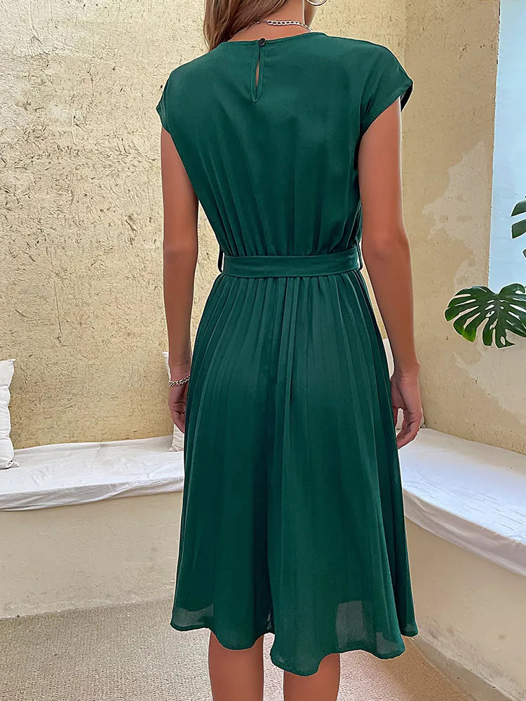 Mila | Women's Pleated A-Line Midi Dress With Waist Tie