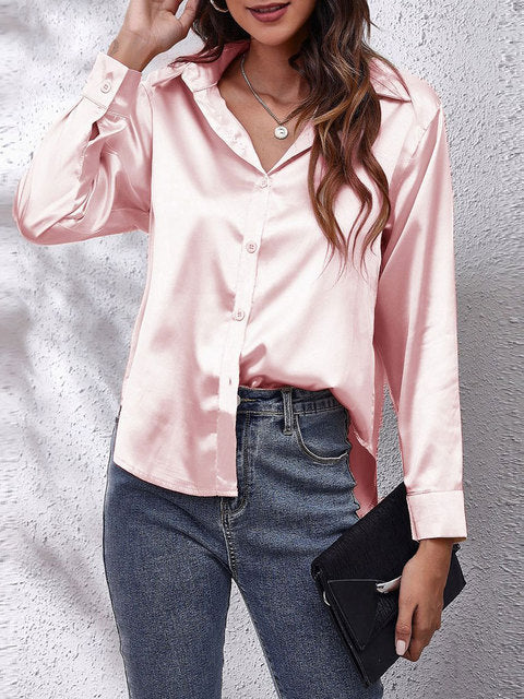 Scarlett | Women's Glossy Satin V-Neck Button Shirt