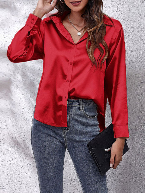 Scarlett | Women's Glossy Satin V-Neck Button Shirt