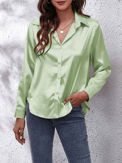 Scarlett | Women's Glossy Satin V-Neck Button Shirt