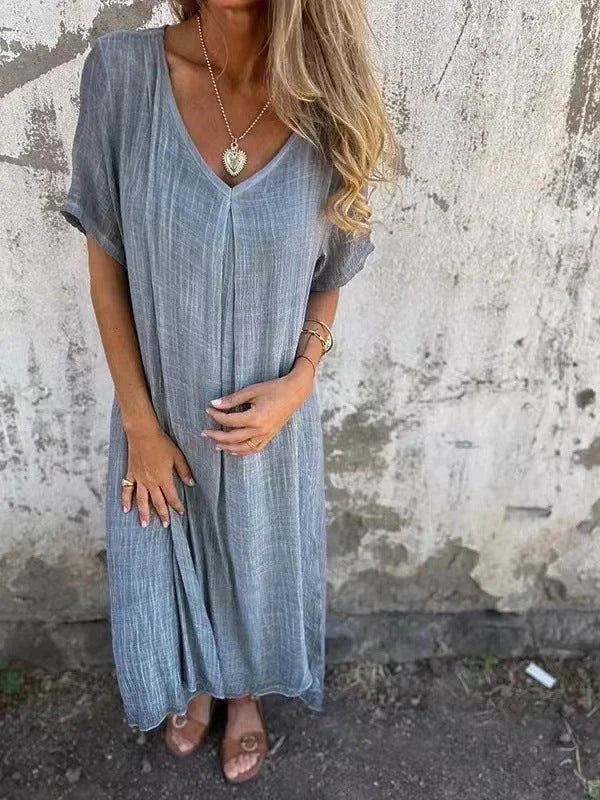 Sienna | Women's Relaxed V-Neck Short Sleeve Midi Dress