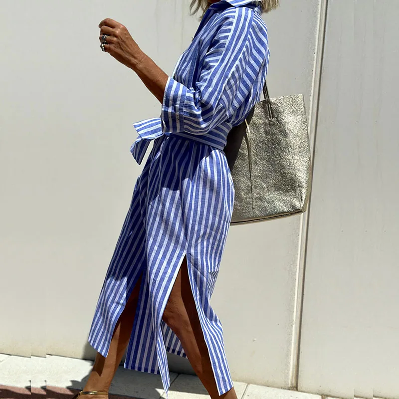 Marina | Women's Long Sleeve Striped Shirt Style Dress