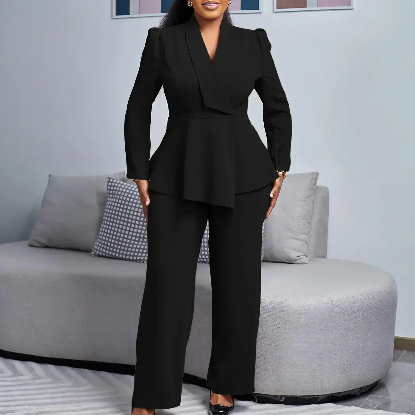 Amelia | Women's V-Neck Peplum Top And Wide Leg Set