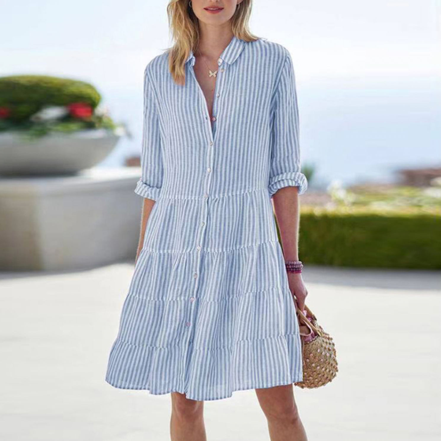 Clara | Women's Striped Button-Front Mini Shirt Dress