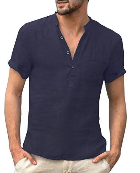 Theo | Men's Linen V-Neck Short Sleeve Henley Top
