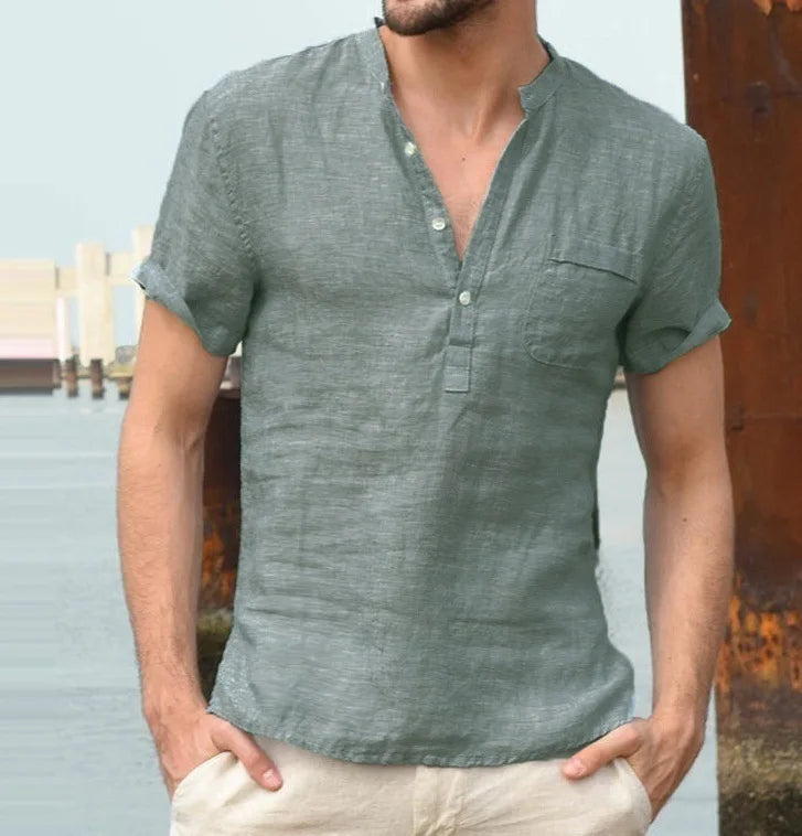 Theo | Men's Linen V-Neck Short Sleeve Henley Top