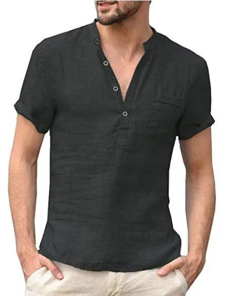 Theo | Men's Linen V-Neck Short Sleeve Henley Top