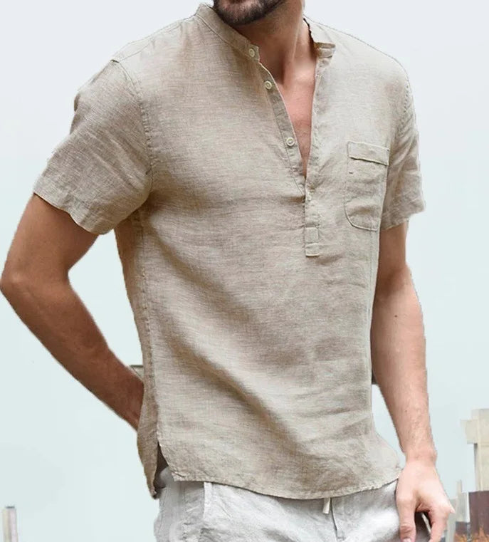 Theo | Men's Linen V-Neck Short Sleeve Henley Top