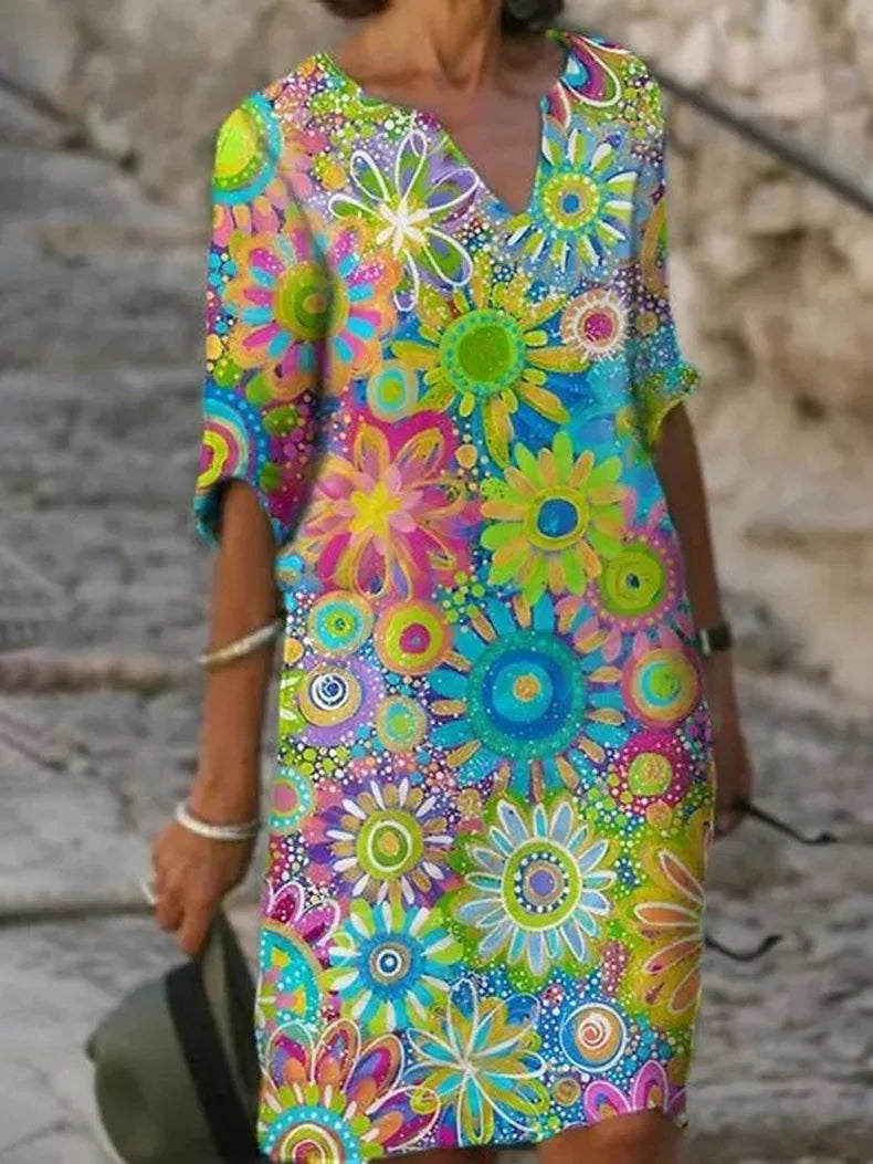 Iris | Women's Vibrant Floral V-Neck Shift Dress