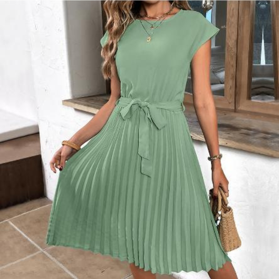 Mila | Women's Pleated A-Line Midi Dress With Waist Tie