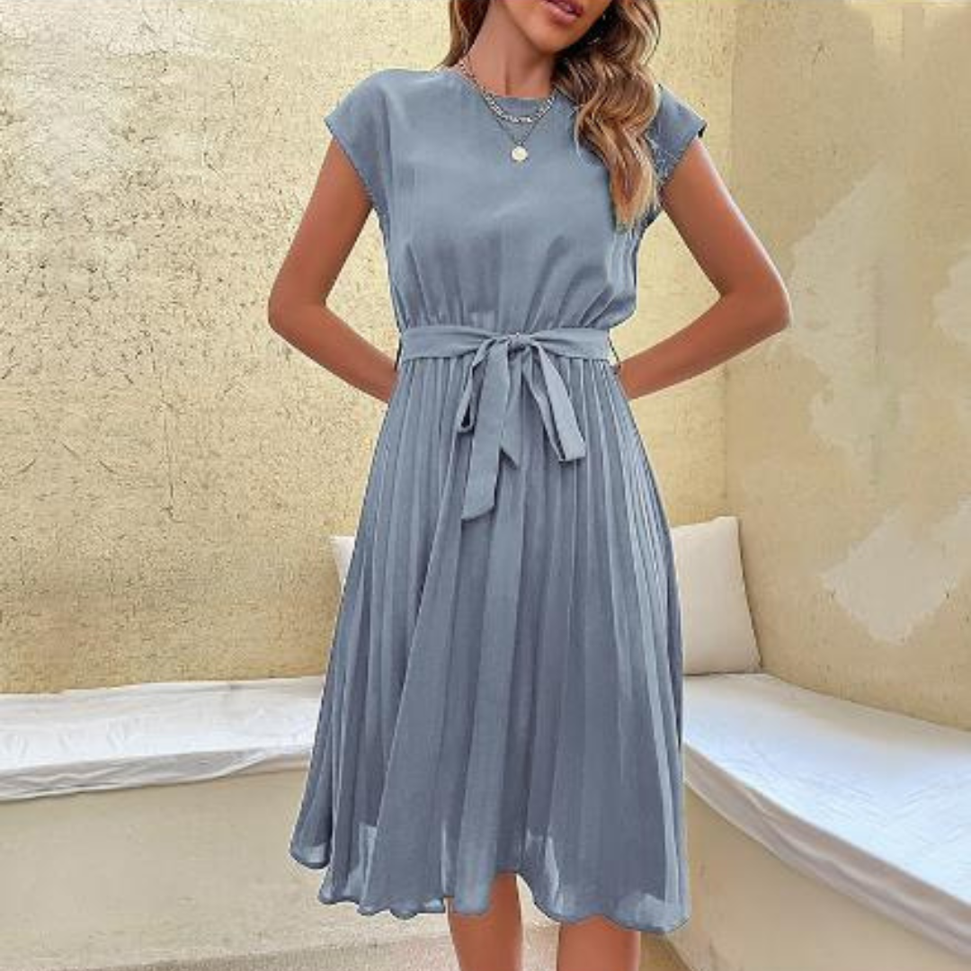 Mila | Women's Pleated A-Line Midi Dress With Waist Tie