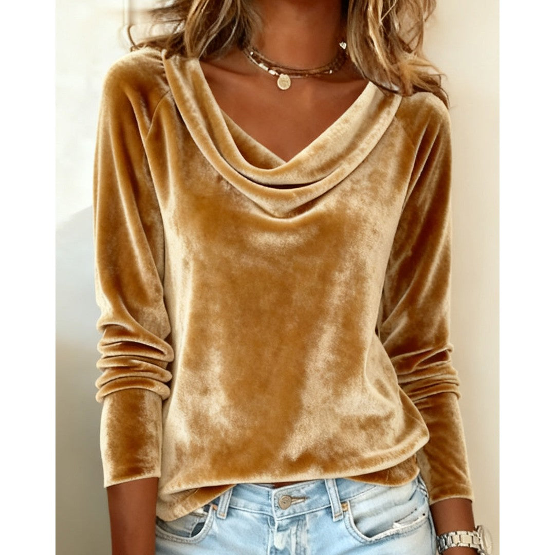 Woman wearing the Aaliyah women's chic blouse, front view