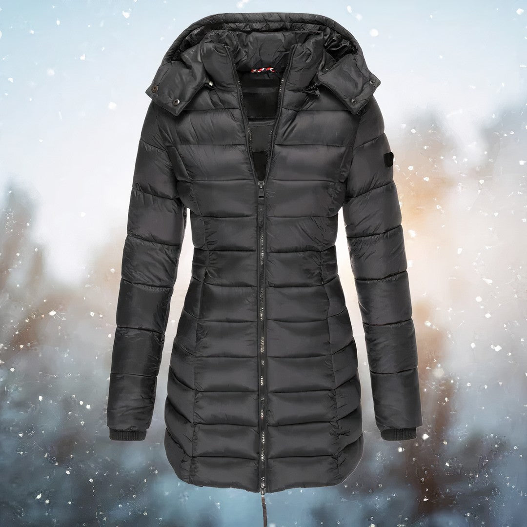 Woman wearing the Adeline women's tailored coat, detail view