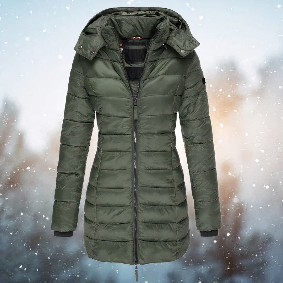 Woman wearing the Adeline women's tailored coat, side view