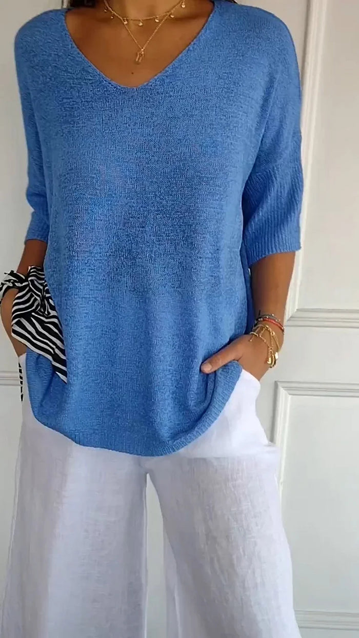 Sophie | Women's Knit V-Neck Three Quarter Sleeve Top