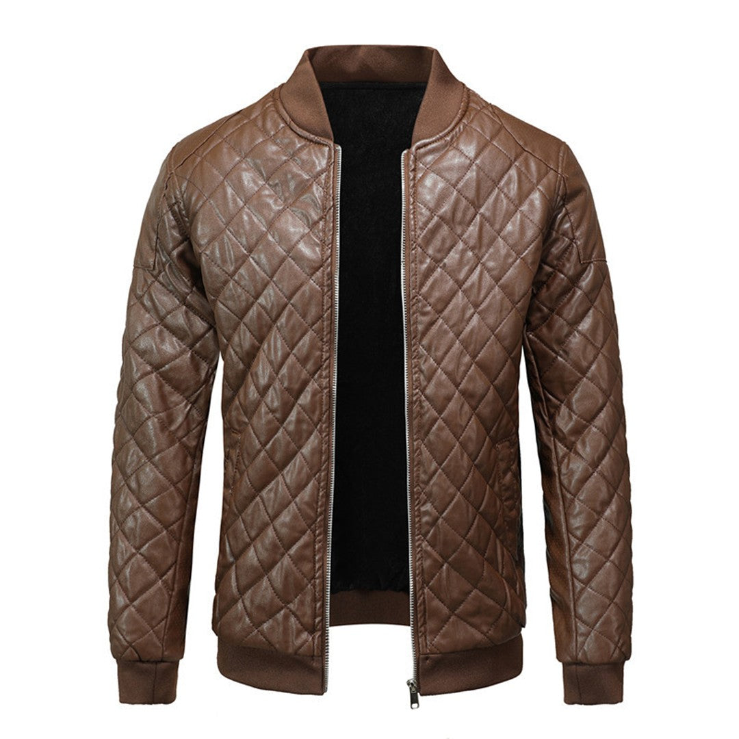 Man wearing the Alaric men's slim-fit leather classic jacket, back view